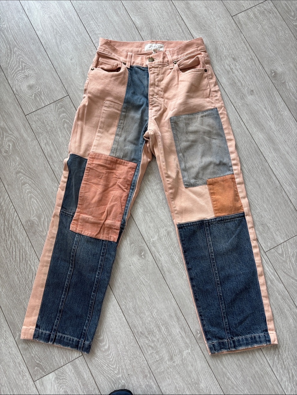 THE GREAT. Patchwork Pink and Blue Straight Jeans